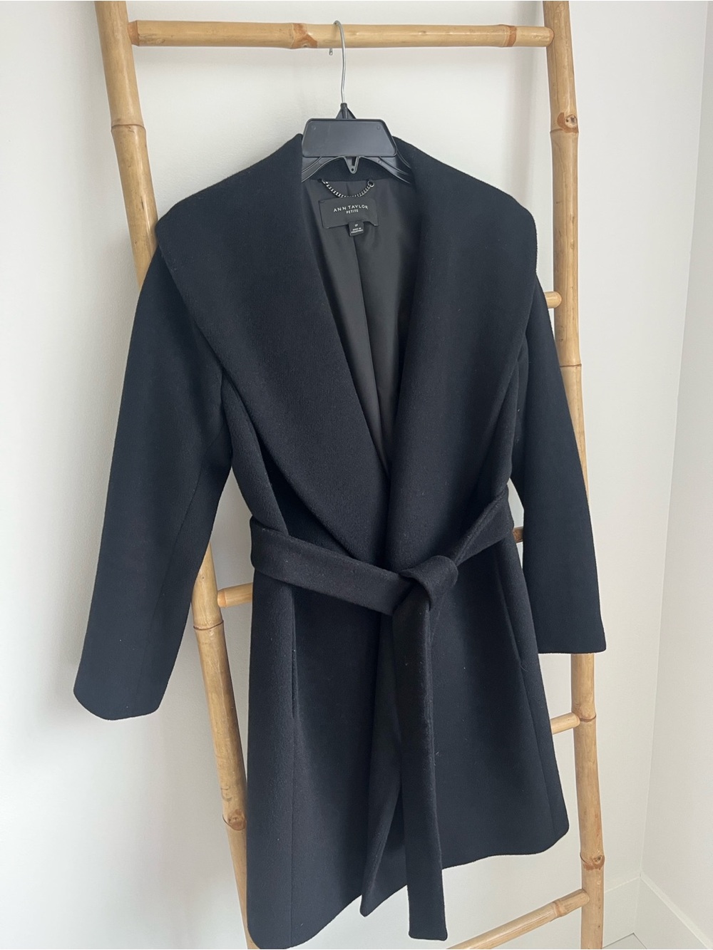 Ann Taylor Black Wool Trench Coat with Wide Shawl Collar
